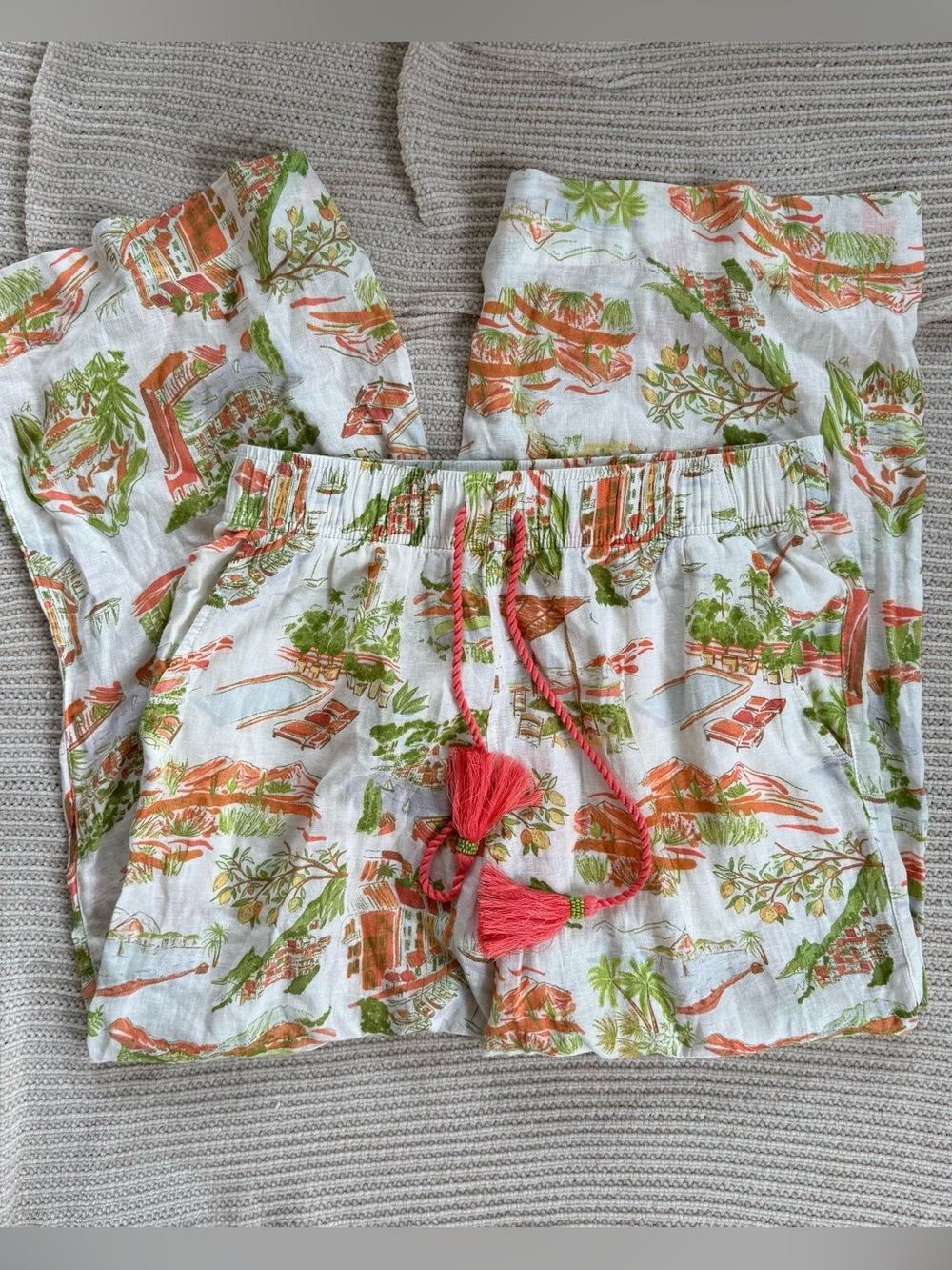 Cynthia Rowley Amalfi Coast Linen Wide Leg Pants Mediterranean Resort Toile M